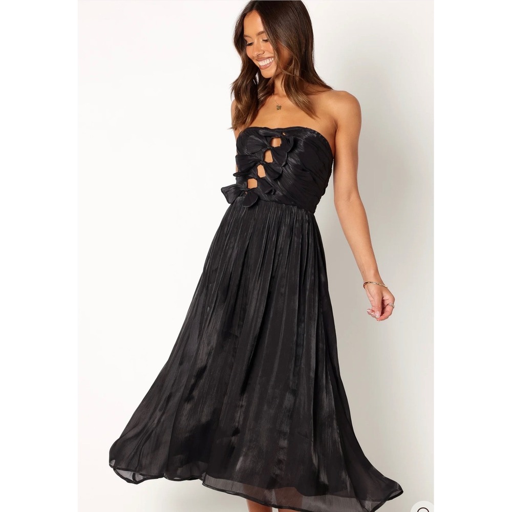 Petal & Pup Womens Black Strapless Bow Cutout Midi Dress Metallic L